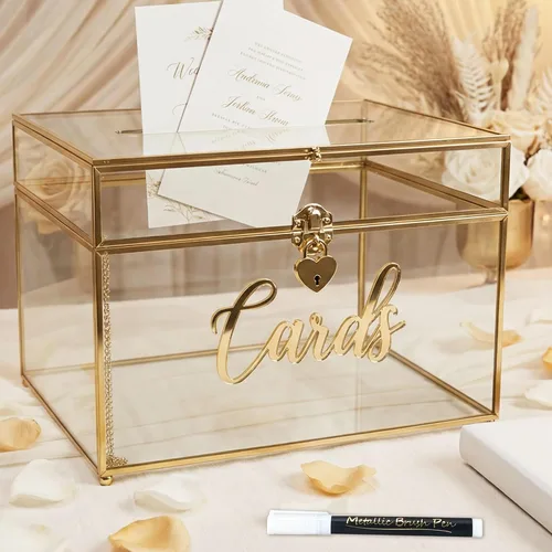 Miniatura 6 de Caja de tarjetas de boda con cierre de corazón, caja de tarjetas de vidrio de metal grande con marco dorado para recepción de fiestas, bodas, baby