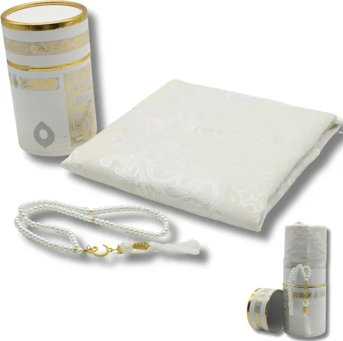 Juego de alfombra de oración musulmana y rosario con caja de regalo de Kaaba, juego de regalos islámicos, Janamaz, Sajadah, blanco CRK02