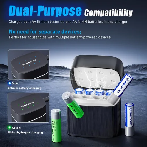 Miniatura 2 de Maxfree Paquete de 8 baterías recargables de litio AA con cargador - Cargador de doble propósito para AA Lithium y NiMH - Baterías dobles A de 1.5 V