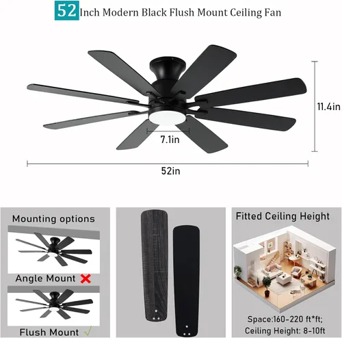 Miniatura 7 de KNUN - Ventilador de techo negro de 52 pulgadas, ventiladores de techo de perfil bajo con luces y control remoto/APP, 8 aspas, silencioso, motor CC