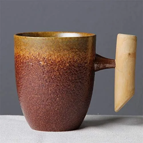 Taza de café de cerámica vintage de estilo japonés, taza de té con leche y cerveza con mango de madera, taza para agua, oficina en casa (estilo 4 A)
