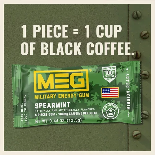 Miniatura 3 de MEG - Goma de mascar Military Energy Gum 100 mg de cafeína por pieza + Aumenta la energía + Mejora el rendimiento físico + Múltiples sabores