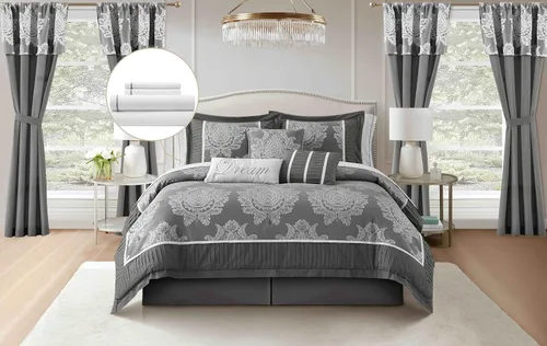 Miniatura 15 de Grand Avenue - Juego de edredón beige tamaño Queen, jacquard con juego de ropa de cama a juego de piezas sólidas, para todas las estaciones, faldón