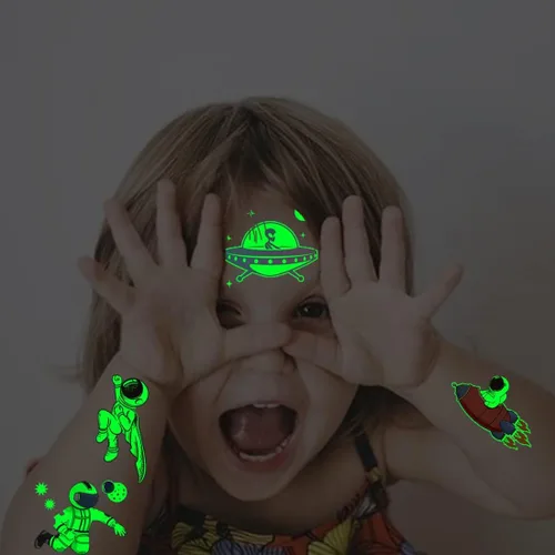 Miniatura 4 de CHARLENT Tatuajes luminosos del espacio exterior para niños, 14 hojas que brillan en la oscuridad, astronauta, planeta, tatuajes temporales