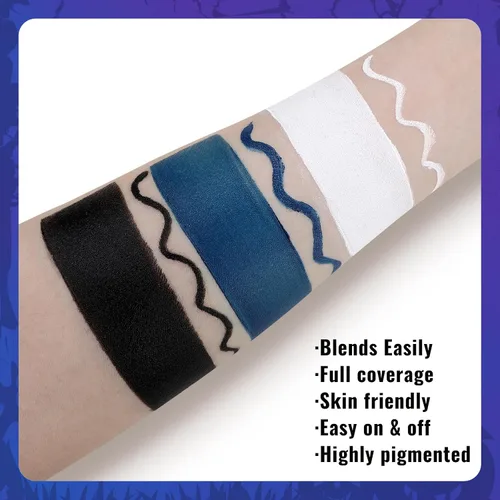 Miniatura 4 de Pintura facial blanca, negra y azul + 3 piezas de esponja + juego de pintura corporal con pincel, negro ojo para juegos deportivos de béisbol