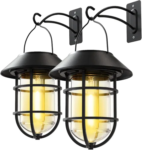 Farol solar colgante para exteriores, luces solares impermeables de metal para exteriores con vidrio transparente, bombillas LED Edison decorativas
