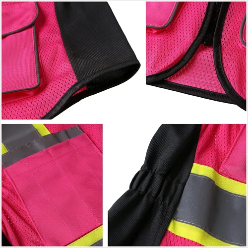 Miniatura 7 de Chaleco de seguridad para mujeres, chaleco de trabajo reflectante de alta visibilidad con 9 bolsillos múltiples y cremallera Rosa