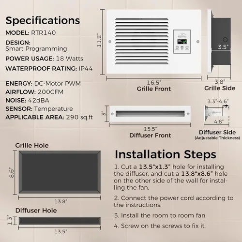 Miniatura 4 de Ventilador de transferencia de aire de habitación a habitación, ventilador de escape de pared con sistema de intercambio de aire programado