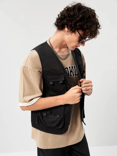 Miniatura 3 de Verdusa Chaleco tipo cargo steampunk sin mangas con hebilla con cremallera y bolsillo con solapa para hombre