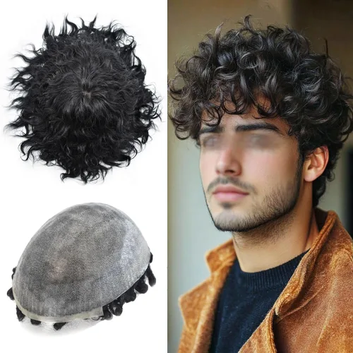 Miniatura 7 de Afro Toupee Para Hombres Negros Unidad De Cabello Humano Para Hombres Negros Pieza De Pelo PU Ingección Afro Mens Toupee 10MM #1B Off Negro