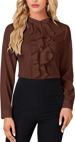 Miniatura 11 de LYANER - Blusa de cuello alto con botones, volantes en el frente, manga larga, camisa de trabajo para mujer