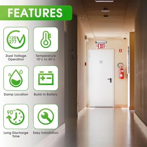 Miniatura 2 de Letrero de salida de emergencia LED con batería de respaldo con certificación UL, montaje en techo de pared, panel acrílico transparente