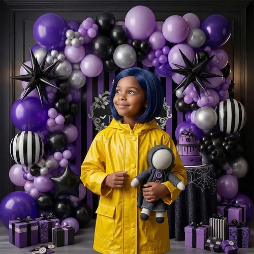 Miniatura 2 de Kit de guirnalda de arco de globos morados y negros con globos de Mylar de estrella de arco y telón de fondo gótico de cumpleaños globos de rayas