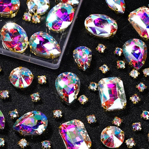 Miniatura 18 de WILLBOND 156 piezas de diamantes de imitación para coser con garra, diamantes de imitación de cristal con base plana, gemas con engaste de metal