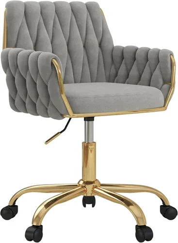 Miniatura 10 de Silla de terciopelo para oficina en casa, moderna silla de tocador de altura ajustable con base dorada y respaldo tejido a mano para dormitorio