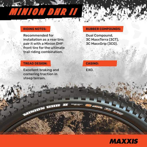 Miniatura 3 de Neumático MAXXIS Minion DHR II - Compuesto dual EXO - Clasificación E25, sin cámara Excelente frenado y tracción en curvas en terrenos empinados