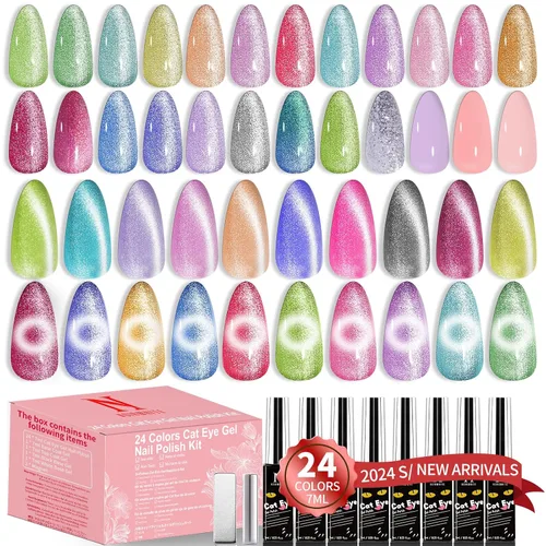 Miniatura 11 de Kit de esmalte de uñas de gel, 12 colores brillantes con purpurina 9D camaleón ojo de gato, juego de esmalte de uñas de gel con base de luz