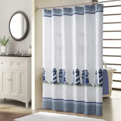 Miniatura 15 de Cortina de ducha náutica, cortina de ducha azul marino y blanca para cubículo de 54 x 72, cortinas de ducha de tela con estampado de ancla y velero