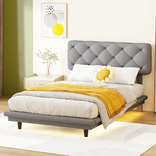 Miniatura 43 de Cama de plataforma flotante, marco de cama de madera tamaño individual con rayas claras, tela de lino suave y cabecera de diseño capitoné