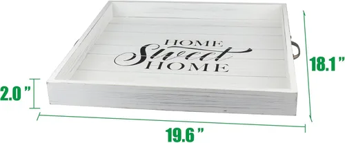 Miniatura 5 de Stonebriar Bandeja de madera decorativa casera dulce blanca desgastada cuadrada con manijas de metal
