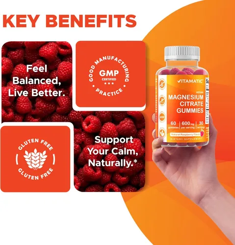 Miniatura 7 de Vitamatic Gomitas de magnesio de 600 mg por porción, 60 veganas para relajación, músculos, huesos y apoyo energético