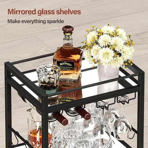 Miniatura 4 de TUTOTAK Carrito de Bar, Carrito de Servicio de Bar para el Hogar con Estante Espejado de 3 Niveles, Carrito de Bebidas, Estante de Cocina Móvil