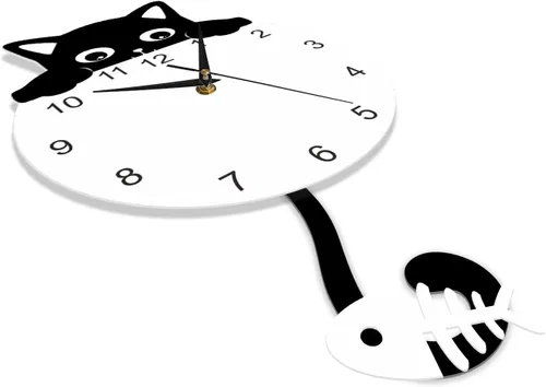 Miniatura 9 de Reloj de pared con péndulo de gato negro con cola oscilante, divertido reloj de gato con cola móvil, fácil de montar, gatitos y peces de lujo, reloj