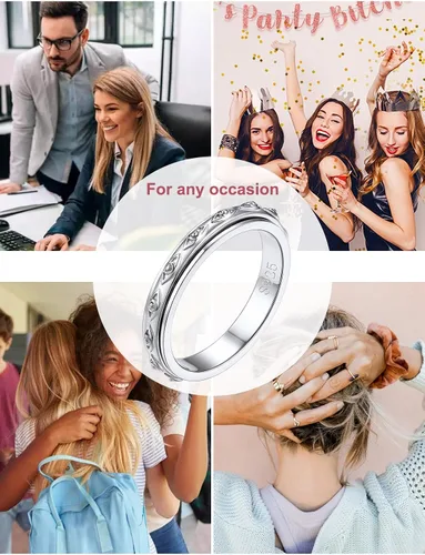 Miniatura 8 de FOCALOOK Anillo giratorio de plata de ley 925 para la ansiedad para mujeres en relieve, mal de ojo/celta, anti estrés, anillo giratorio tamaño 5-12