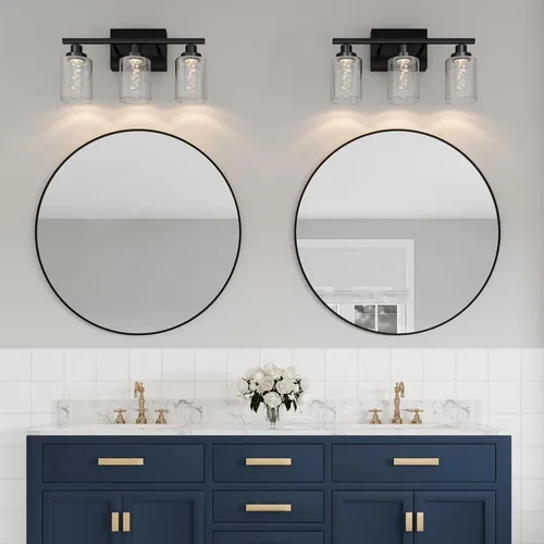 Miniatura 2 de MELUCEE Lámparas de tocador de baño, 3 luces LED sobre espejo, 3000 K-6000 K, moderna luz negra para baño con pantalla de cristal de burbujas, chips