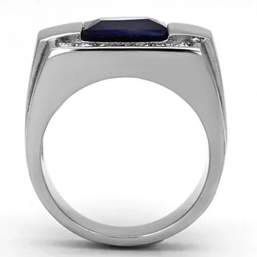 Miniatura 3 de Anillo Color Plata para Hombres y Ninos de Acero Inoxidable Piedra Zafiro
