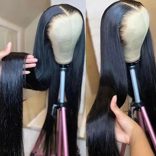 Miniatura 24 de Missyvan Pelucas de encaje frontal de cabello largo y lacio, color marrón natural, sin pegamento, castaño y rubio, pelucas sintéticas con encaje