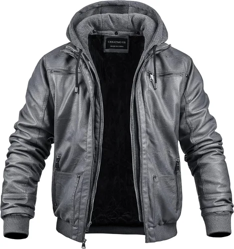 Miniatura 7 de CREATMO US Chaqueta de piel sintética para hombre, impermeable, resistente al viento, PU con capucha extraíble