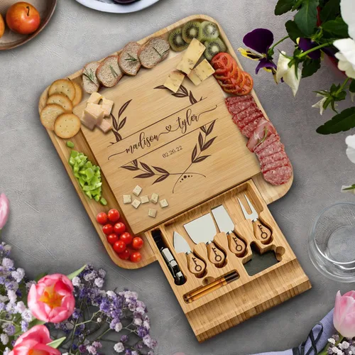 Miniatura 10 de Bambüsi Tablas de charcutería – Juego de tablas grandes de bambú para charcutería con cuchillos para servir, bandeja de queso, regalos