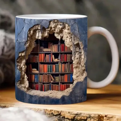 Miniatura 12 de Taza de café 3D con agujero en una pared de 11 onzas, diseño de estante de biblioteca, taza multiusos para el espacio creativo, regalo