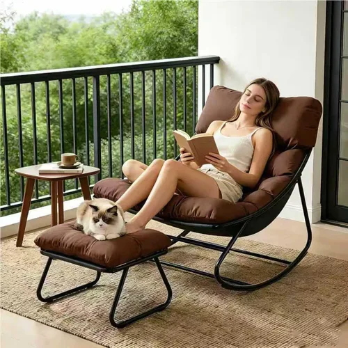 Miniatura 11 de Mecedora para interiores, cómoda silla de patio, mecedora con otomana y marco de metal resistente, sillas de balcón con cojín grueso, silla mecedora