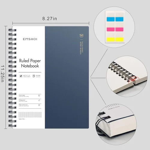 Miniatura 2 de EMSHOI Cuaderno de espiral A4 con rayas universitarias, 11.2" X 8.27", 300 páginas/150 hojas, páginas perforadas fáciles de rasgar, papel grueso