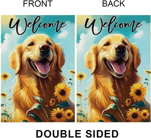 Miniatura 4 de Balgardekor Bandera de jardín de perro de verano Golden Retriever de doble cara de bienvenida para perro, girasol de temporada, decoración floral