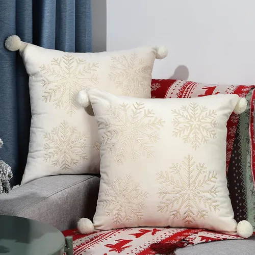 Lewondr Fundas de almohada decorativas de Navidad, bordado de copos de nieve 16x16, fundas de almohada para el hogar, Navidad dorada, decorativas,