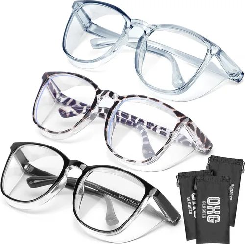 Miniatura 10 de OXG Paquete de 3 elegantes gafas de seguridad, ANSI Z87+ anti niebla, gafas de seguridad con bloqueo de luz azul, gafas protectoras para enfermeras