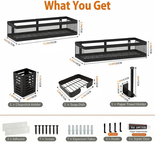 Miniatura 3 de PUSDON Paquete de 2 Cestas Colgantes de Pared de Metal para Montaje DIY Adecuadas para Múltiples Escenarios - Malla Negra Media