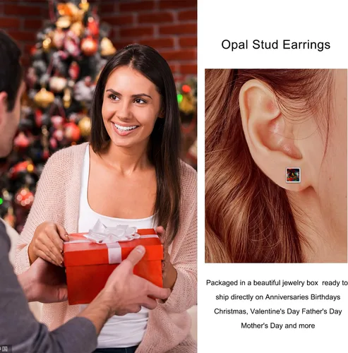 Miniatura 7 de Aretes de ópalo de fuego negro, plata de ley 925, aretes cuadrados negros, joyería de ópalo, regalos de cumpleaños y Navidad para mujeres, Plata