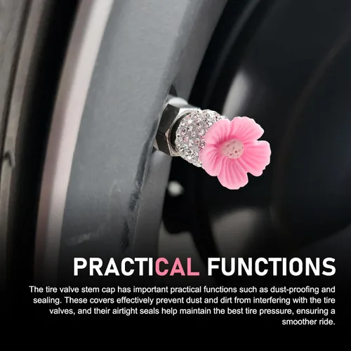 Miniatura 7 de 4 piezas de tapas de vástago de válvula brillantes, lindas válvulas de rueda de automóvil con flores de Sakura, atractivas cubiertas de aire