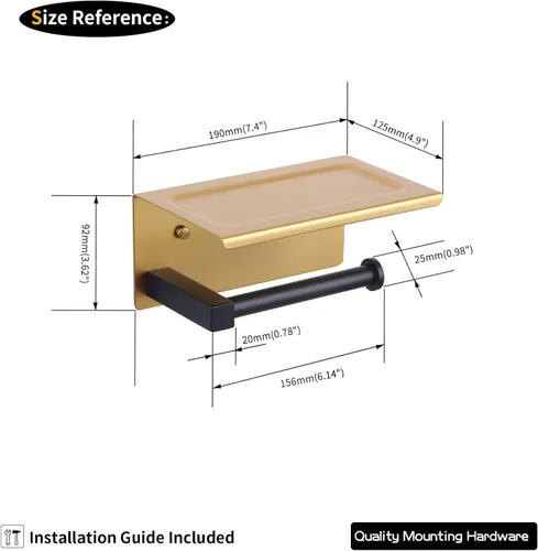 Miniatura 6 de GERZWY Soporte de papel higiénico de baño con estante Soporte de rollo de papel de papel de acero inoxidable Soporte de pared (negro y dorado)