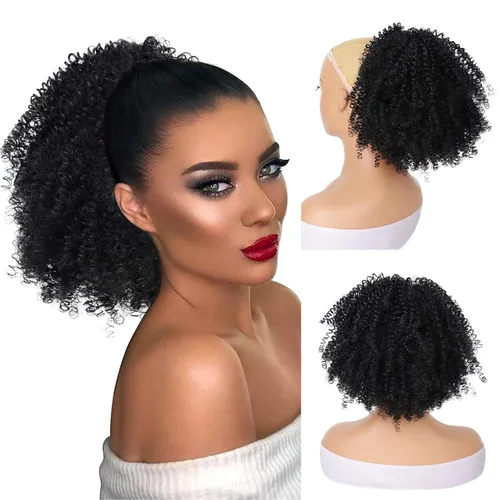 Miniatura 10 de Peluca rizada con flequillo corto afro para mujeres negras, G&T Wig, rizos esponjosos, flequillo clip-in (1B, flequillo simple)