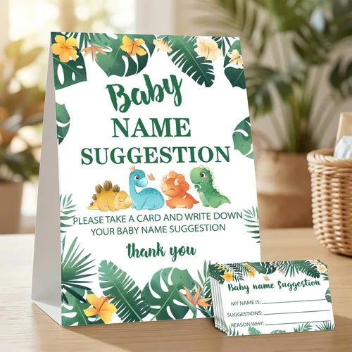 DETIHO Tarjetas de juego de dinosaurio para baby shower, 1 letrero de sugerencia de nombre de bebé con 50 tarjetas de relleno, juego de fiesta de