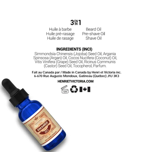 Miniatura 2 de HENRI ET VICTORIA Fragancia de aceite de barba Amande Fabricado en Canadá por expertos artesanos Ingredientes hidratantes, no grasos, naturales