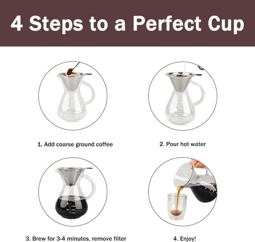 Miniatura 6 de T-mark Cafetera vertida con filtro reutilizable de acero inoxidable de doble capa, jarra de café de vidrio sin BPA de 13.5 fl oz/14oz, cafetera