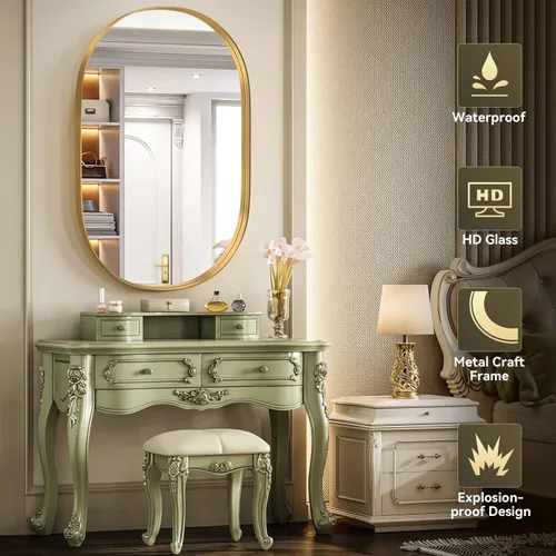Miniatura 7 de Brightify - Espejo ovalado dorado para tocador de baño de 20x30 pulgadas, espejos de marco de metal dorado para pared, espejo moderno