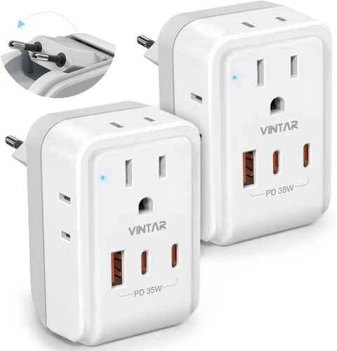 Miniatura 13 de Paquete de 2 adaptadores de enchufe de viaje europeo, VINTAR Adaptador de alimentación internacional plegable con 4 tomas de corriente AC, 3 puertos
