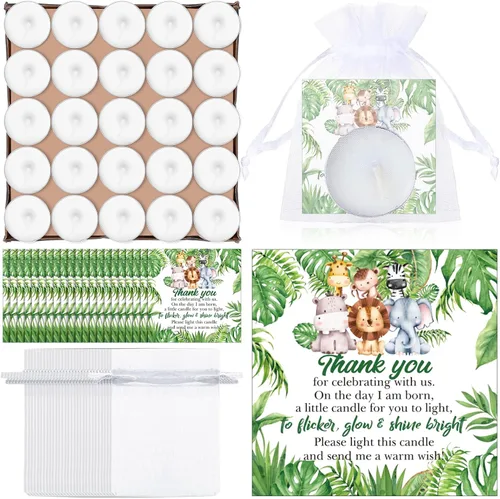 MTLEE 50 Juegos de Velas para Baby Shower, Regalos de Fiesta para Invitados, Incluyendo 50 Mini Velas de Té, Etiquetas de Agradecimiento y Bolsas de